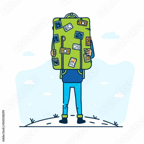Person holding a large green suitcase covered in travel stickers ready for a journey