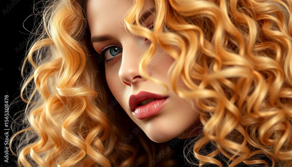 Fototapeta premium Close-up, curly blond hair, vogue style, black background, studio, high fashion
