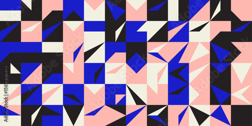 Bold geometric pattern with sharp angular shapes in pink, blue, and black
