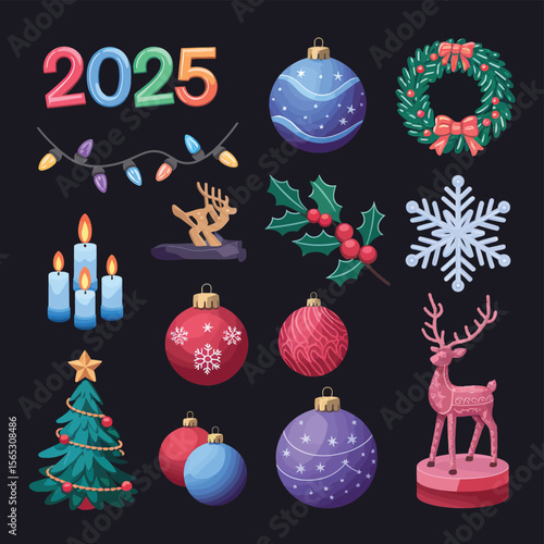 vector Happy New Year Celebrating 2025 in Latin letters , Christmas Decoration Items Santa Claus