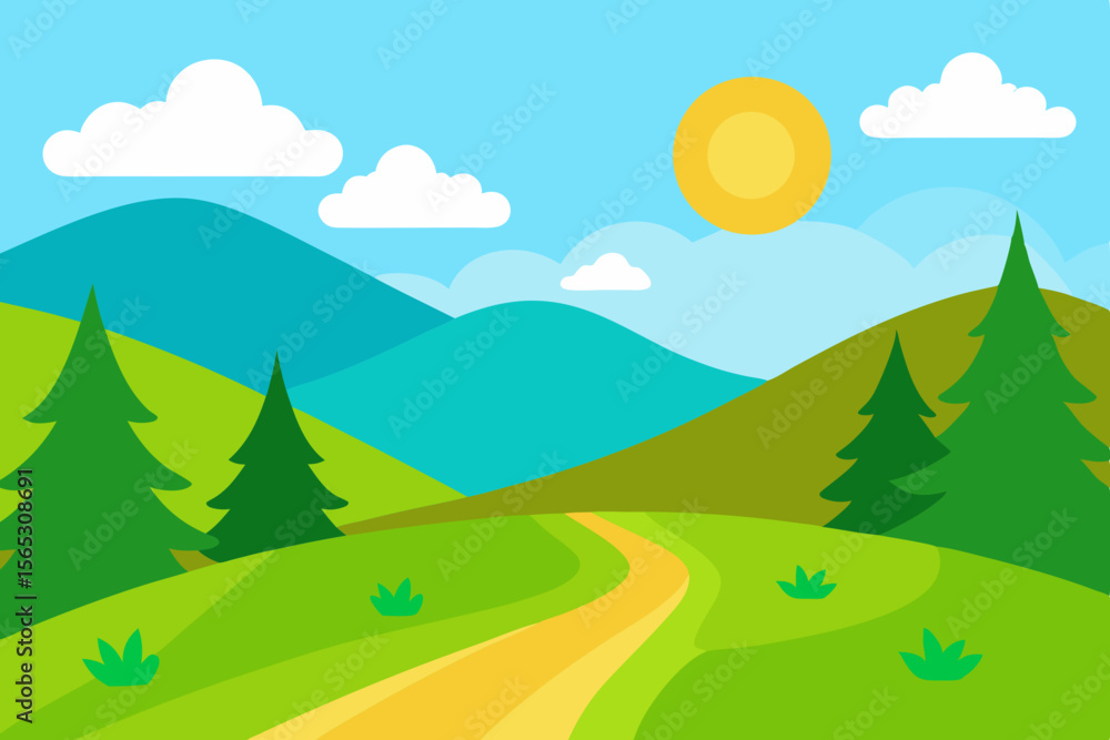 Obraz premium A Bright And Sunny Day In The Countryside Depicted In A Cheerful Cartoon Art Style