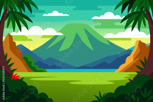 A 2d Game Background Of A Tropical Paradise With A View From A Cliff Over The Ocean