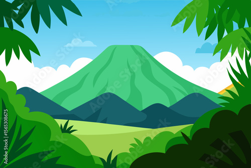 A View Of A Distant Green Mountain From The Edge Of A Lush And Vibrant Jungle