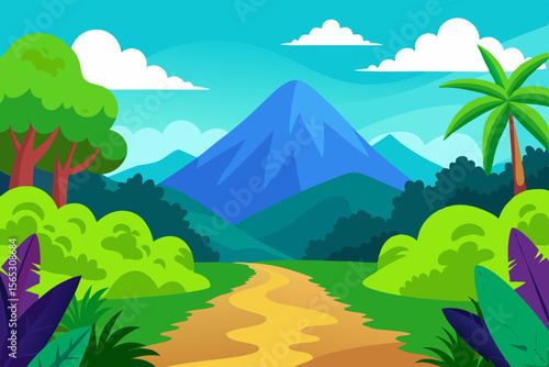 A Vibrant Cartoon Jungle Landscape With A Clearing Leading To Distant Blue Mountains