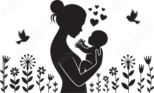 Silhouette of Loving Mother Gently Holding Her Baby