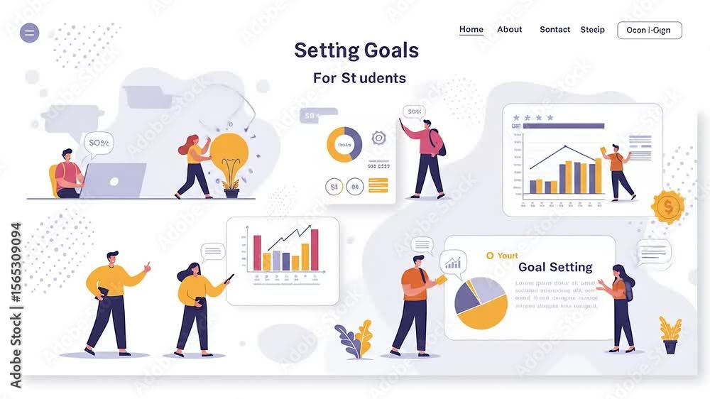 Colorful illustration depicting students setting goals with charts and graphs in a digital workspace Colorful illustration depicting students setting goals with charts and graphs in a digital workspace