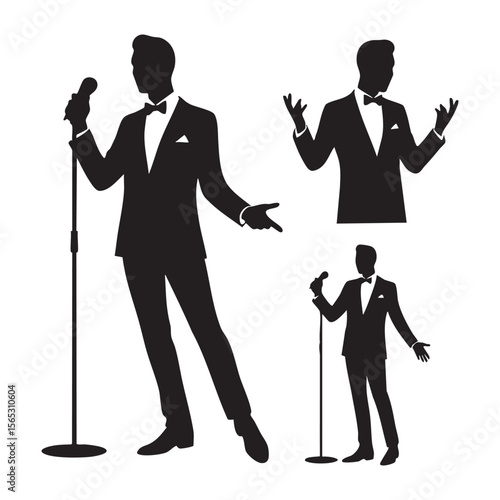 Singer in tuxedo silhouette with microphone isolated on white background silhouette