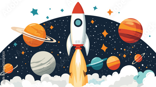 Cheerful Rocket Blasts Off into Space Surrounding