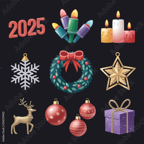 vector Happy New Year Celebrating 2025 in Latin letters , Christmas Decoration Items Santa Claus