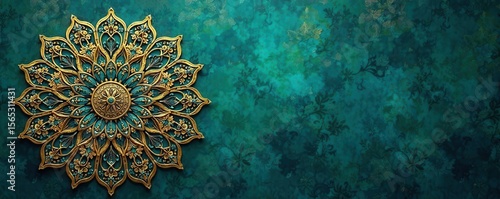 Intricate gold mandala on deep teal Islamic background , spiritual, festive, islamic