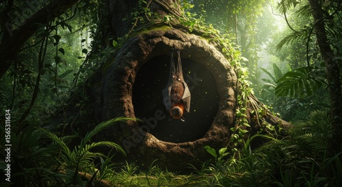 Fototapeta Naklejka Na Ścianę i Meble -  Mysterious jungle opening hidden cave dark green vegetation