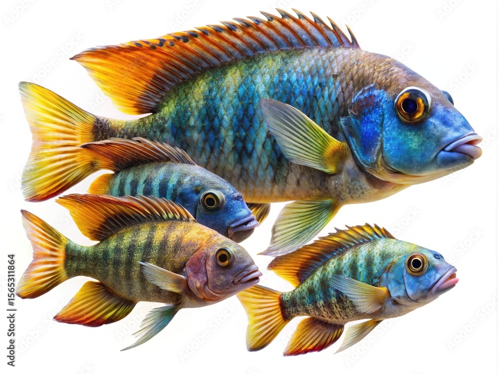 Naklejka premium A vibrant school of colorful cichlids swim in an isolated white background