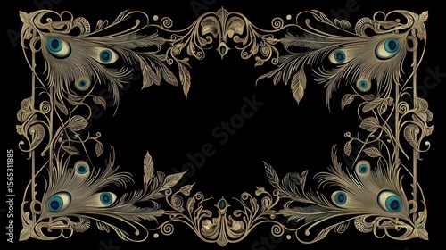 Ornate peacock feather and floral design on a black background.