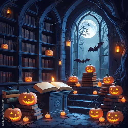 Gothic Halloween Library Scene with Glowing Pumpkins and Bats