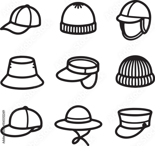 Collection of Diverse Hat and Cap Illustrations Baseball Caps, Beanies, Sun Hats, and More