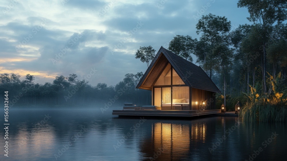 Serene lakeside cabin retreat offers a tranquil escape amidst nature, reflecting in calm water during a misty dusk scene. Serene lakeside cabin retreat offers a tranquil escape amidst nature, reflecting in calm water during a misty dusk scene.