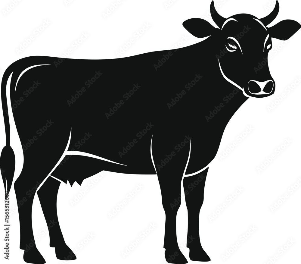 Fototapeta premium Black silhouette of a cow standing on a white background with its head turned slightly