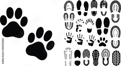 Black and White Featuring Paw Prints, Footprints, and Handprints Set on White Background