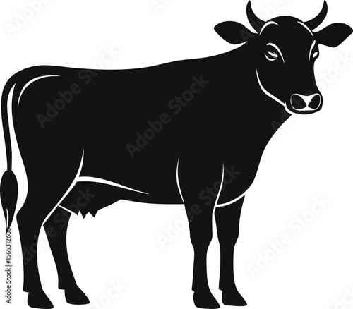 Black silhouette of a cow standing on a white background with its head turned slightly