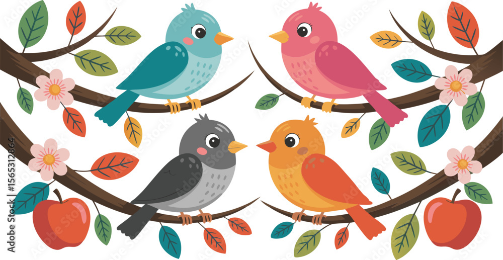 Cartoon Birds on Branches with Blossoms and Apples Blue, Pink, Gray, and Orange Avians Art Cartoon Birds on Branches with Blossoms and Apples Blue, Pink, Gray, and Orange Avians Art