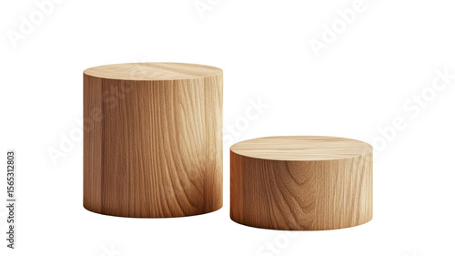 Two wooden pedestal cylinders of different sizes on white background