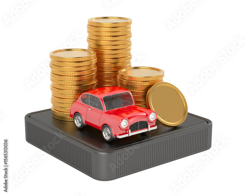 Car and money on white background. Isolated 3D illustration