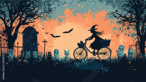 Enchanting Witch Riding Bicycle with Cat in Basket - Halloween Fantasy Illustration