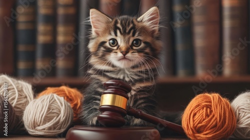 Adorable kitten sits behind gavel in front of bookshelf with yarn balls, creating a funny legal concept.