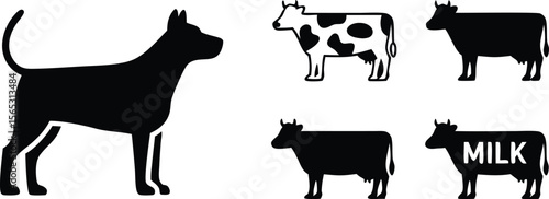 Silhouette Illustration Featuring Dog and Several Cow Varieties, Including One Labeled Milk