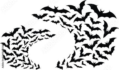 Spooky Silhouette Swarms of Bats Forming Two Arches on a White Background