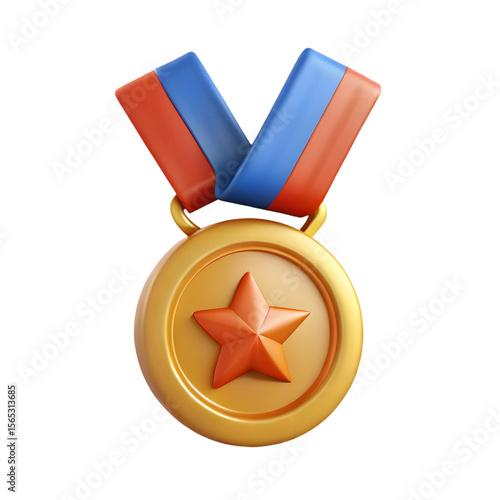 Photo of a 3d gold medal with a red star and blue and red ribbon, isolated on transparent background