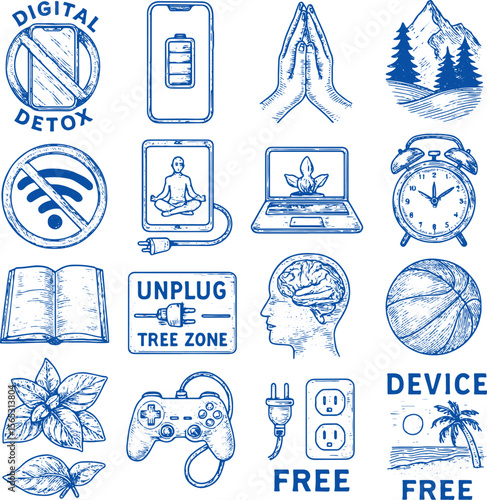 Explore digital detox icons featuring mindfulness, unplugging, and nature themes for a balanced lifestyle. Ideal for stock graphics