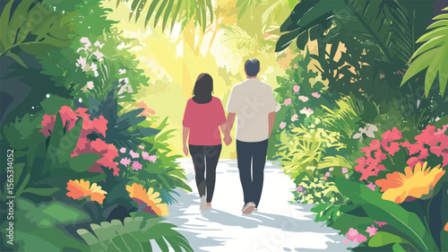 Elderly Asian Couple Strolling through Botanical Garden
