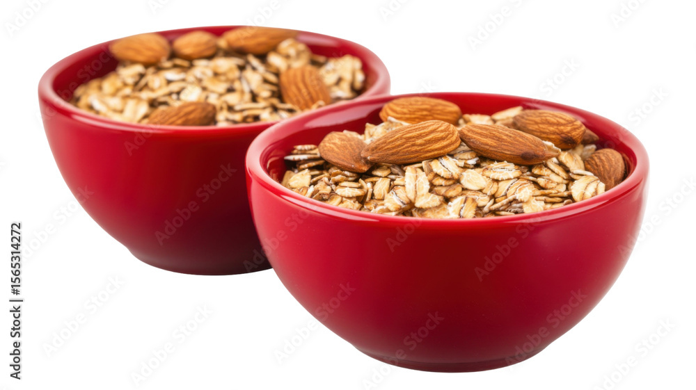 Two red bowls filled with almonds and oats on white background
Two red bowls filled with almonds and oats on white background