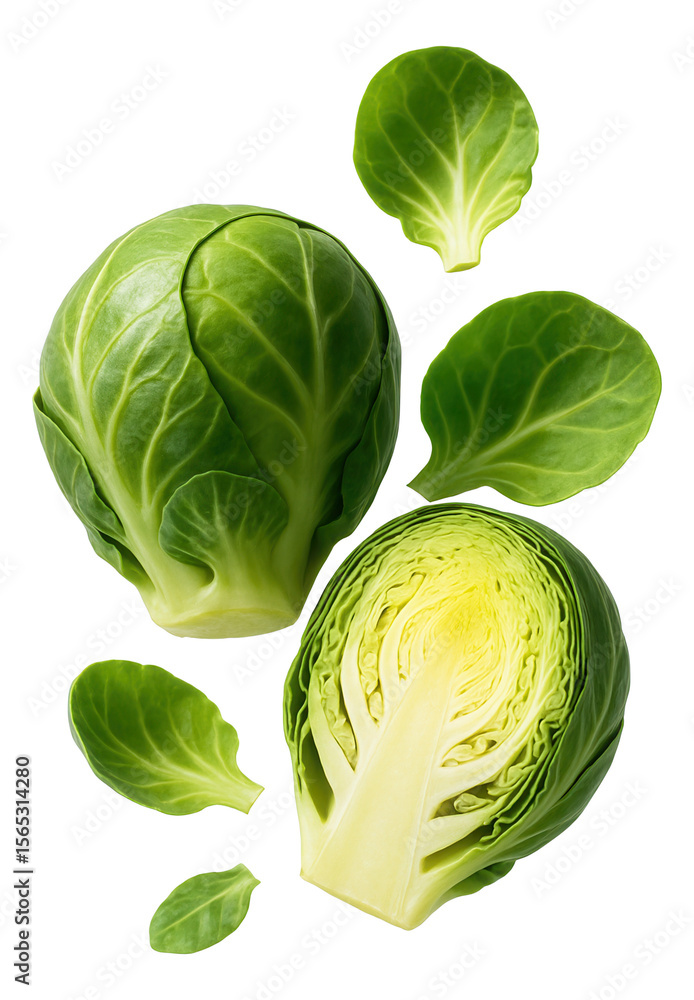 Fototapeta premium Whole and sliced Brussels sprouts with vibrant green leaves and multiple leaf layers visible.