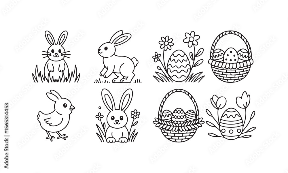 Obraz premium Easter themed vector illustration of bunnies chicks eggs and baskets in black outline