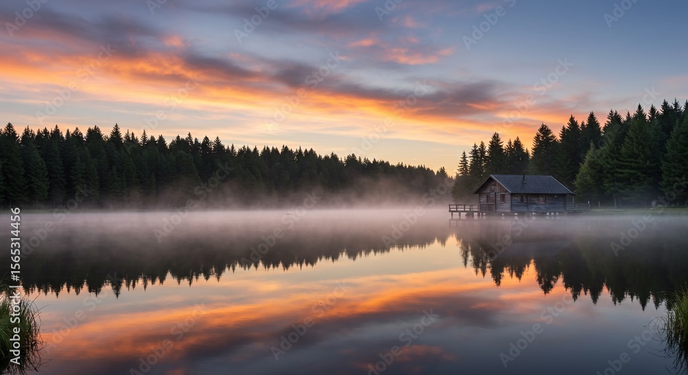 Misty lake cabin reflects dawns fiery sky Misty lake cabin reflects dawns fiery sky