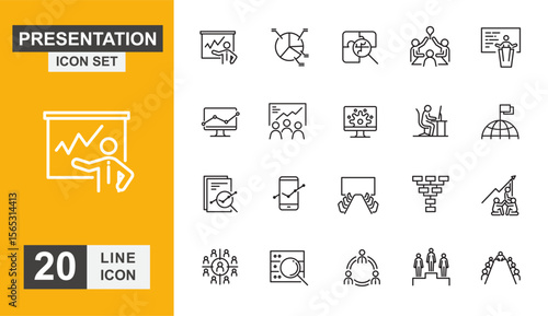 Presentation icon set. Meeting, seminar, employee, education, learning, assessment, discussion and more line icon. Vector illustration.