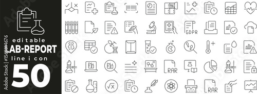 Lab report set of web icons in line style. Lab report linear icons collection. Containing science report, microscope, chemistry, test tube, lab file, experiment result, analysis. Editable stroke