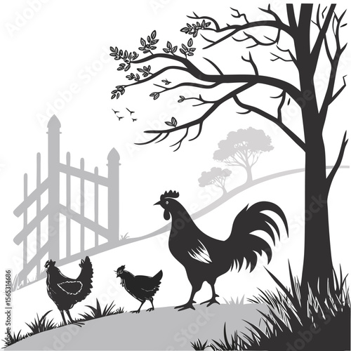 Black and White Rooster Hen Chickens Barnyard Scene