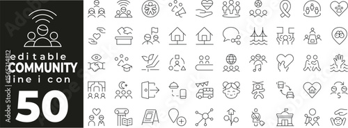 Community set of web icons in line style. Community linear icons collection. Containing people, group, teamwork, society, neighborhood, meeting, unity, cooperation. Editable stroke