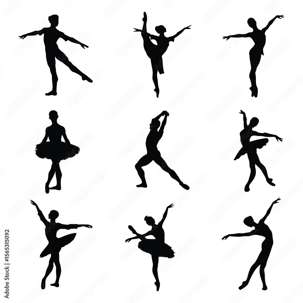Fototapeta premium Ballet Dance Silhouettes, Stock Image Silhouette, Graceful Ballerina Poses Isolated on White Background