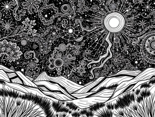 Stylized celestial panorama over arid mountains and grasslands landscape