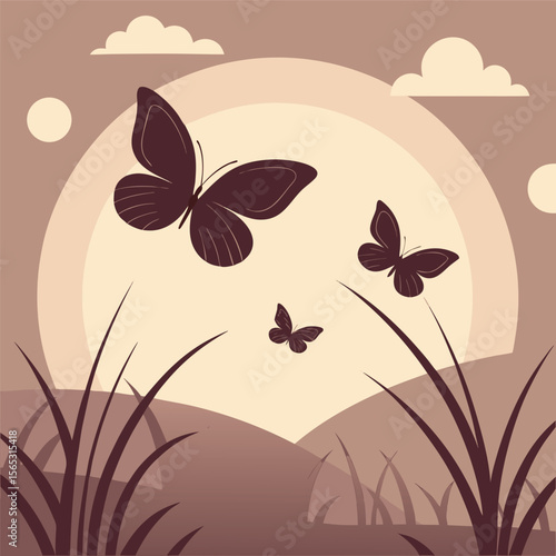 Brown Butterflies Silhouettes Backlit Sunset Meadow