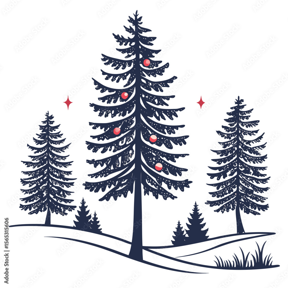 Obraz premium Dark Blue Silhouette Christmas Trees Red Ornaments Winter Scene