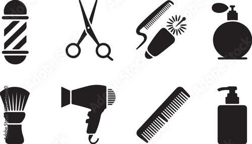 Barbershop Icons Hairdressing Tools and Equipment Silhouettes