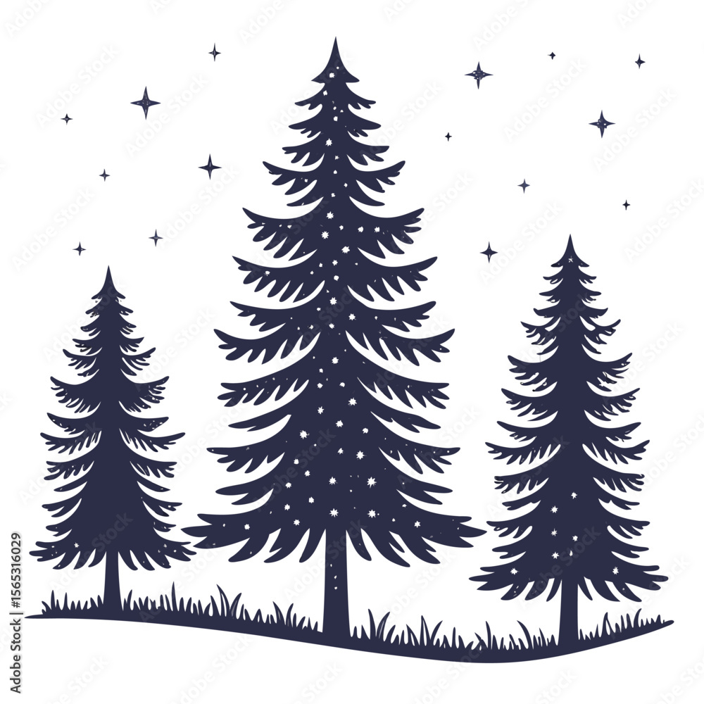 Obraz premium Three Dark Blue Pine Tree Silhouettes Snowy Night Stars