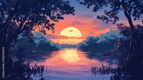 Serene Mangrove Forest Sunset River Panorama View Nature Landscape EPS Image