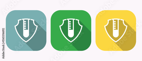 Three rounded square icons featuring a white shield with a test tube inside and long shadow, chemical resistant icons
