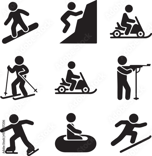 Winter Sports Icons Skiing, Snowboarding, Snowmobiling, and More